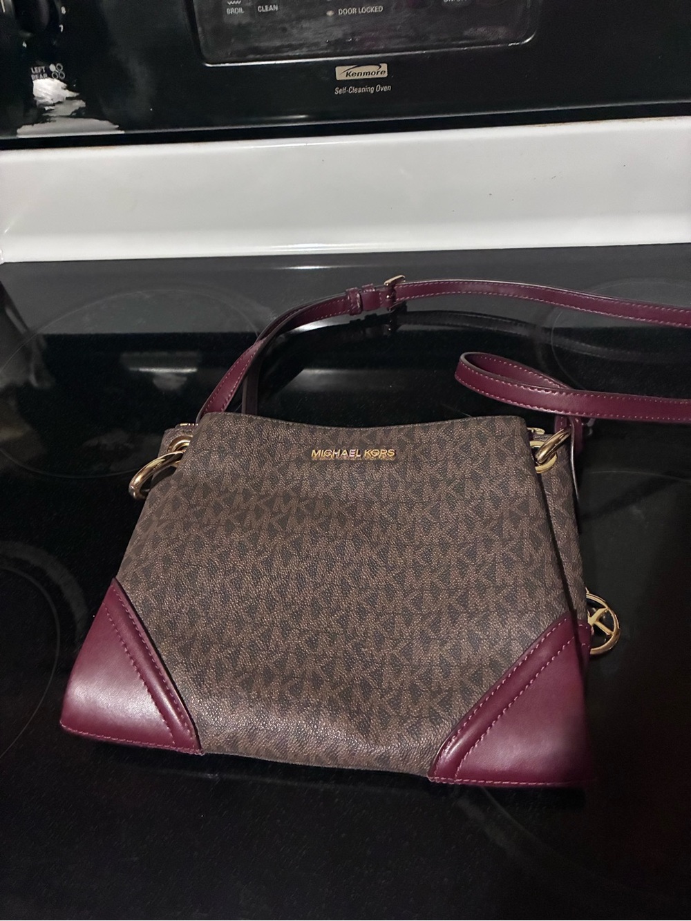 Michael Kors Brown MK Logo Large Crossbody with Plum Trim and Gold Hardware